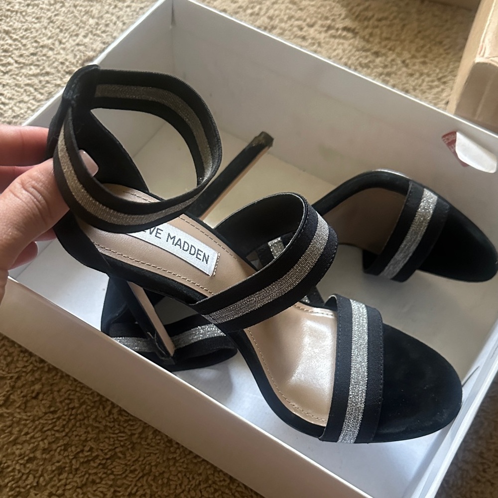 Steve Madden Black and Silver Strappy Heels